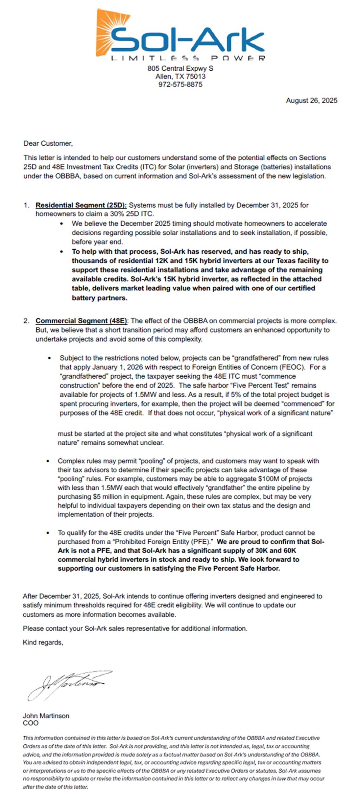 Sol-Ark ITC Guidance Letter for Homeowners and Businesses